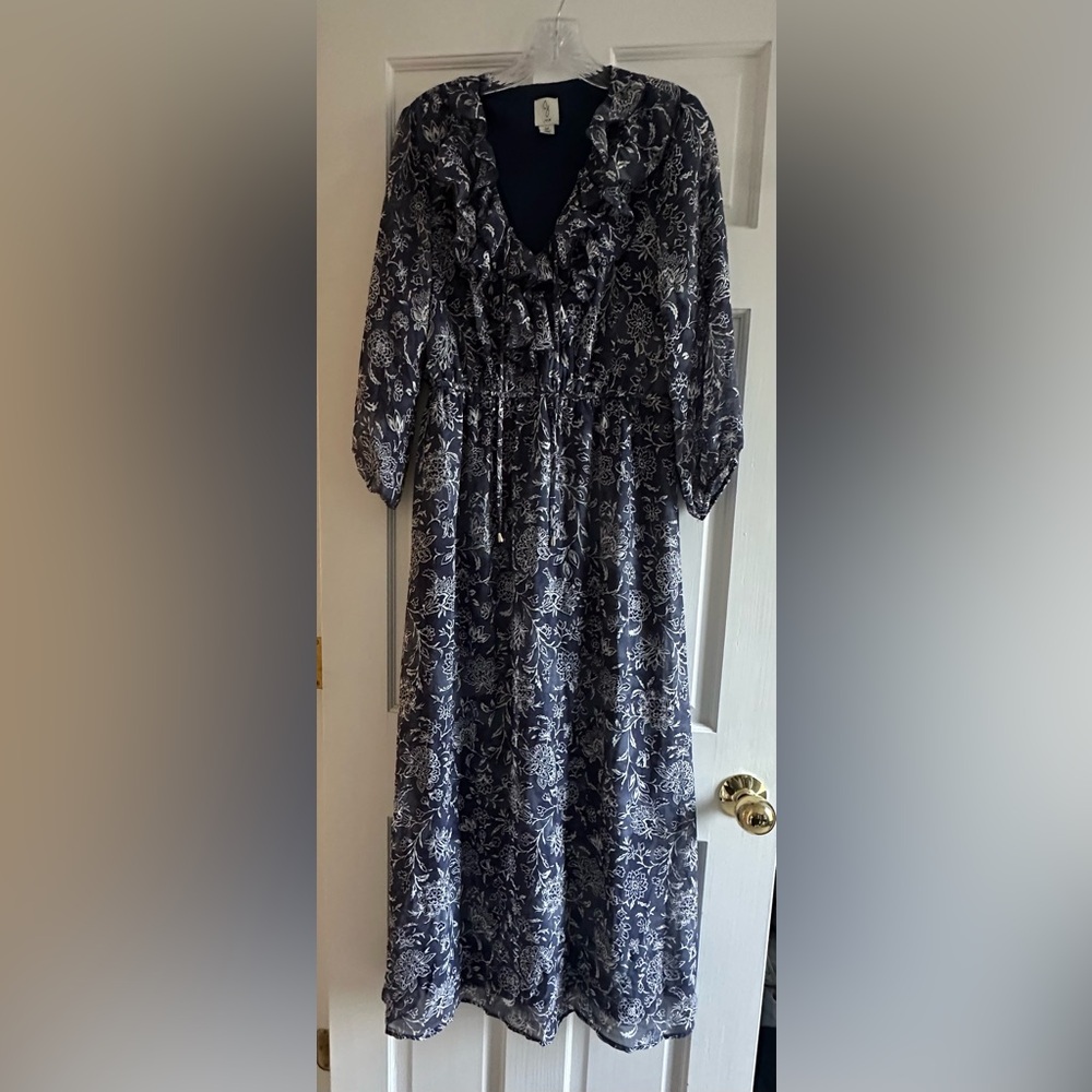 Joie Navy & White Floral Ruffle-Front Maxi Dress